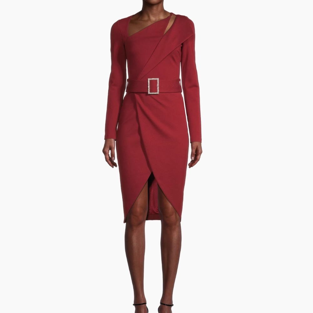 Lavish Alice Ponte Asymmetric Red Long-Sleeve Cut Out Cocktail Dress with Belt
